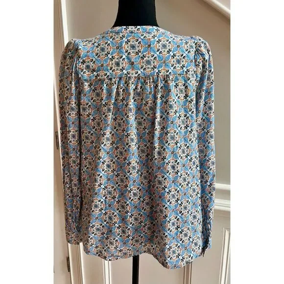 Loft Long Sleeve Blue Orange Gold Thread Tie Neckline Peasant Blouse Size M - Picture 3 of 6
